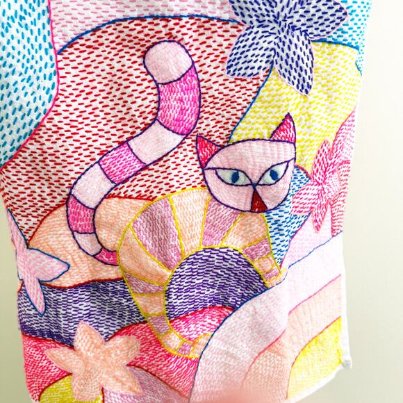 Vintage Multicolor Handmade Embroidered Cat Dress Size XS/Small V-Neck Pocket - Picture 4 of 9